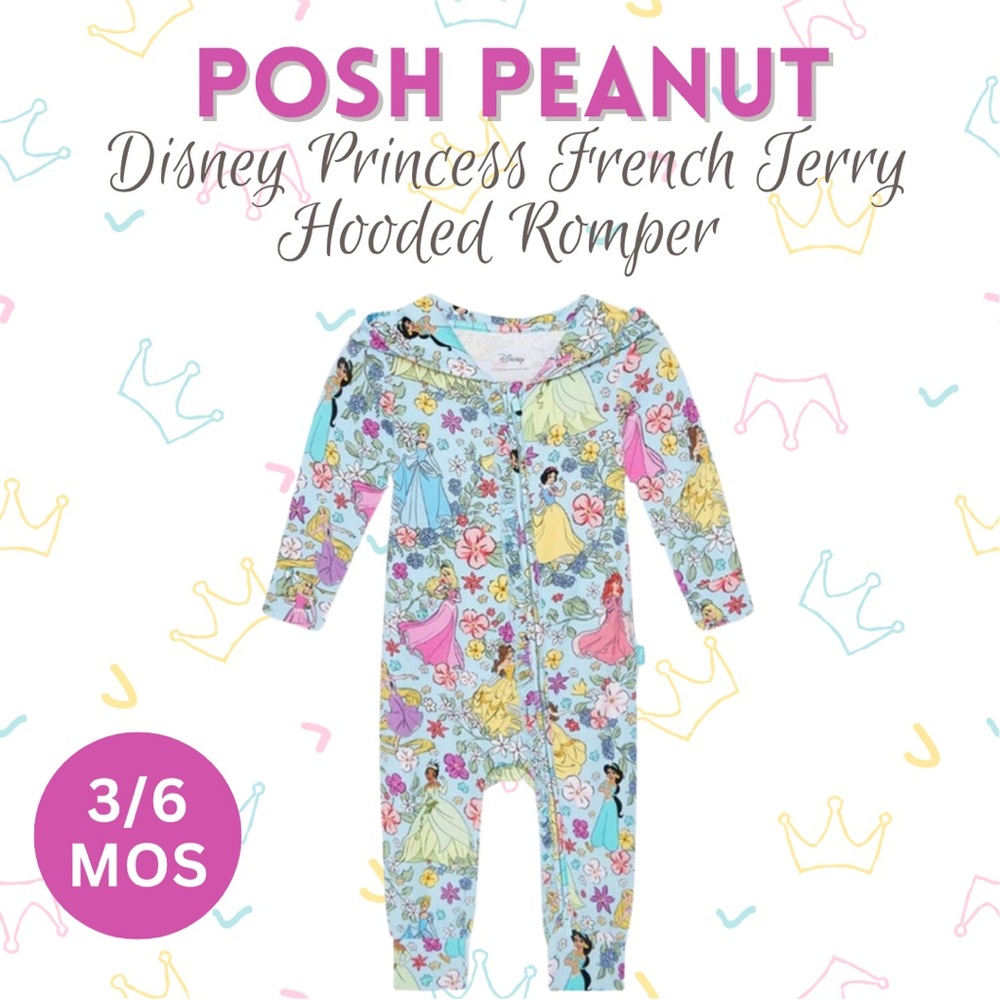 Posh Peanut Disney Princess French Terry Bamboo Hooded Romper 3/6 months. ‼️